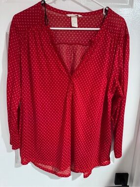 H&M Red Printed V-Neck Long-Sleeve Blouse
